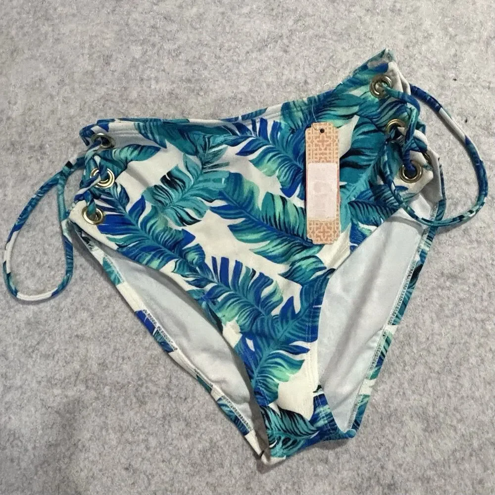 GIANNI BINI Size M Swim Bottoms Tropical Leaf Print Grommets Lace Up Sides